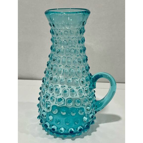 Vintage Handblown Hobnail Glass Aqua Blue Large 9.75" Tall Handled Pitcher - Picture 3 of 12